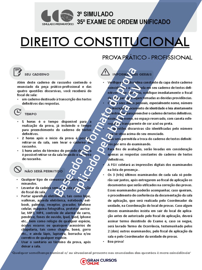 3 Simulado Oab 2 Fase Do Exame XXXV Direito Constitucional Questoes ...