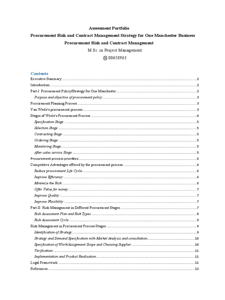 Procurement Risk And Contract Management Strategy For One Manchester