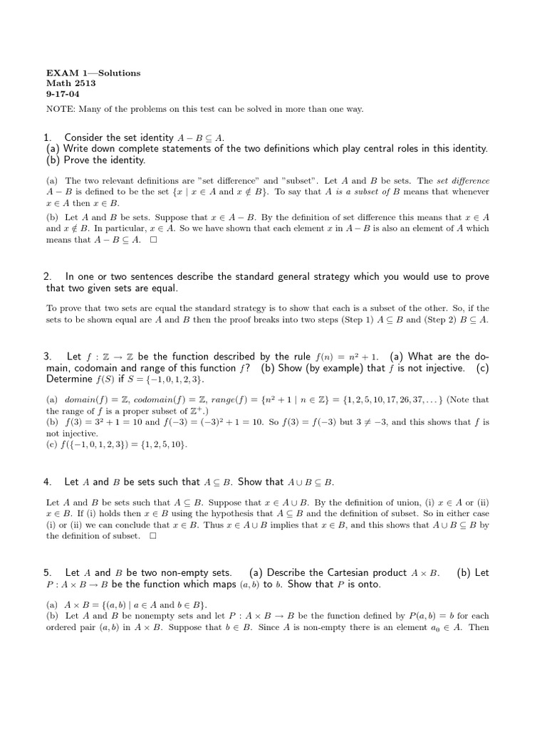 Exam 1 Answer | PDF | Function (Mathematics) | Mathematical Analysis