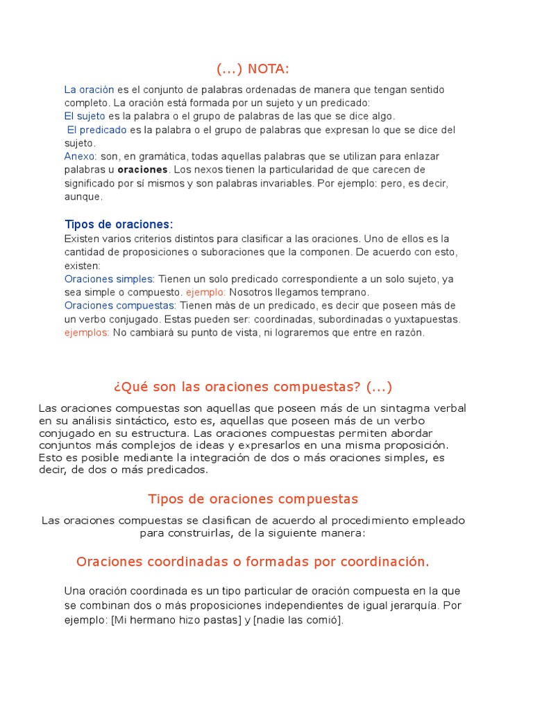 Oraciones Compuestas Coordinadas y Subordinadas | PDF | Oración ...