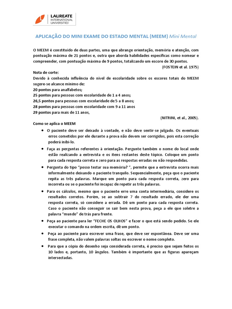 Aplicação Do Mini Exame Do Estado Mental (Meem) Mini Mental | PDF ...