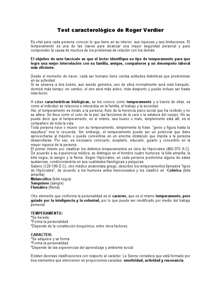 Test Caracterológico de Roger Verdier | PDF | Temperamento | Conceptos ...