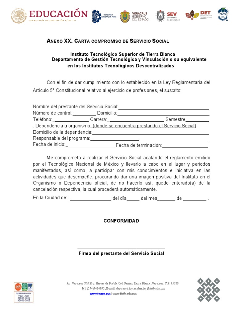Anexo XX Carta Compromiso De Servicio Social 19 PDF