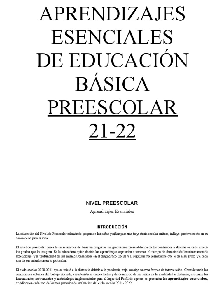 Aprendizajes Esenciales Preescolar 21-22 | PDF | Educación de la ...
