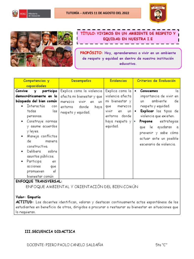 11 de Agosto - Sesión de Tutoría - Vivimos en Un Ambiente de Respeto y ...