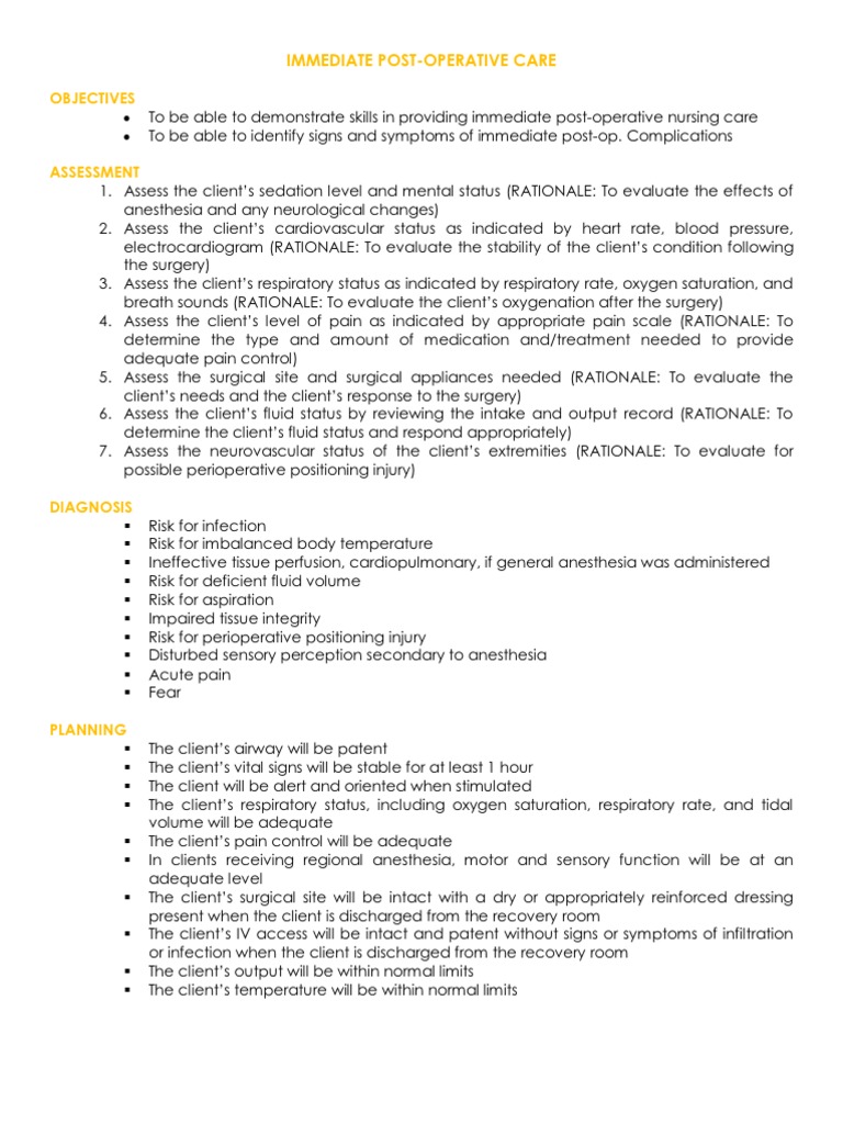 Immediate PostOperative Care PDF Surgery Anesthesia