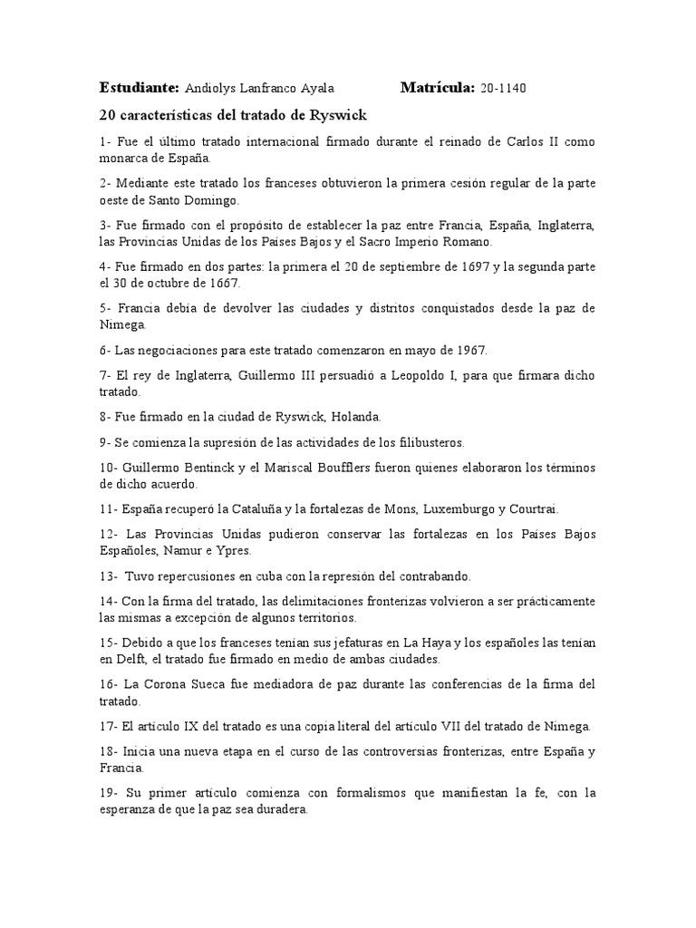 Características del Tratado de Ryswick | PDF