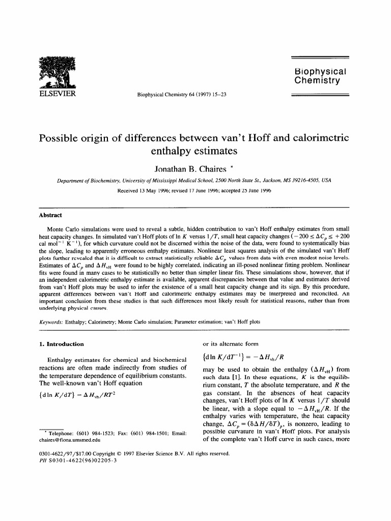 Possible Origin of Differences Between Vant Hoff and Calorimetric Enthalpy Estimates PDF