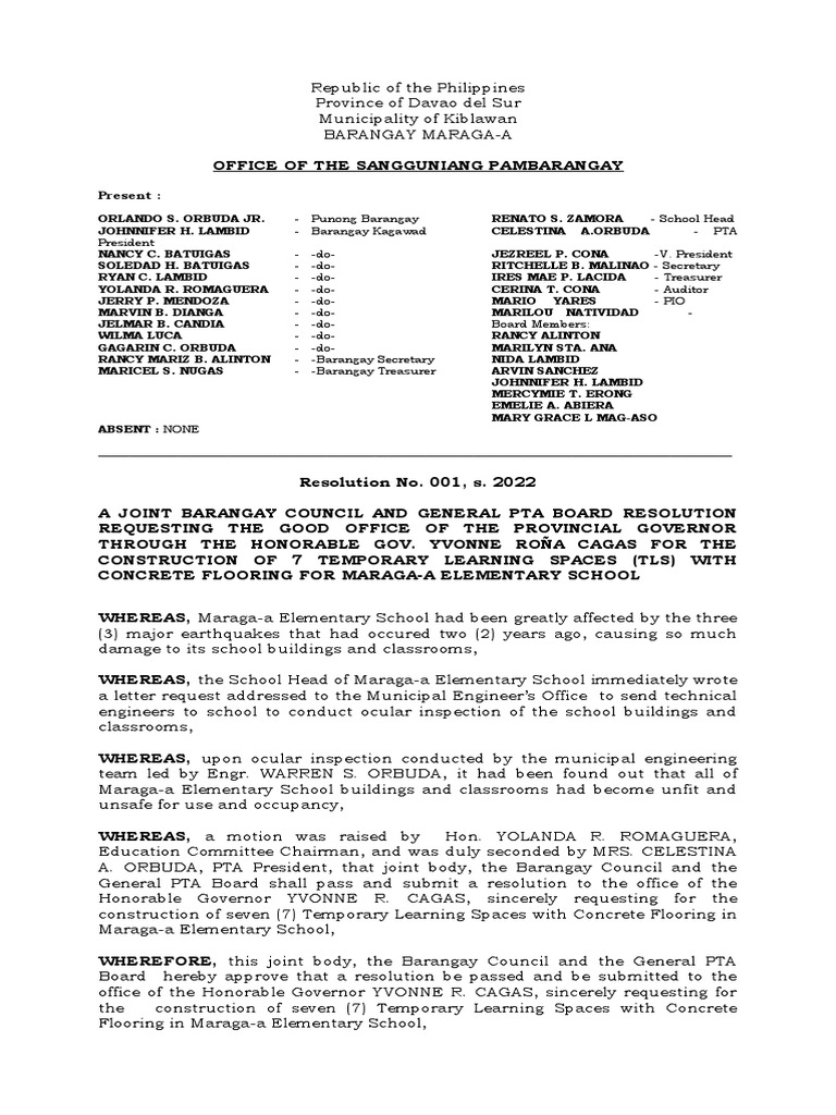 Joint Barangay and Pta Resolution PDF