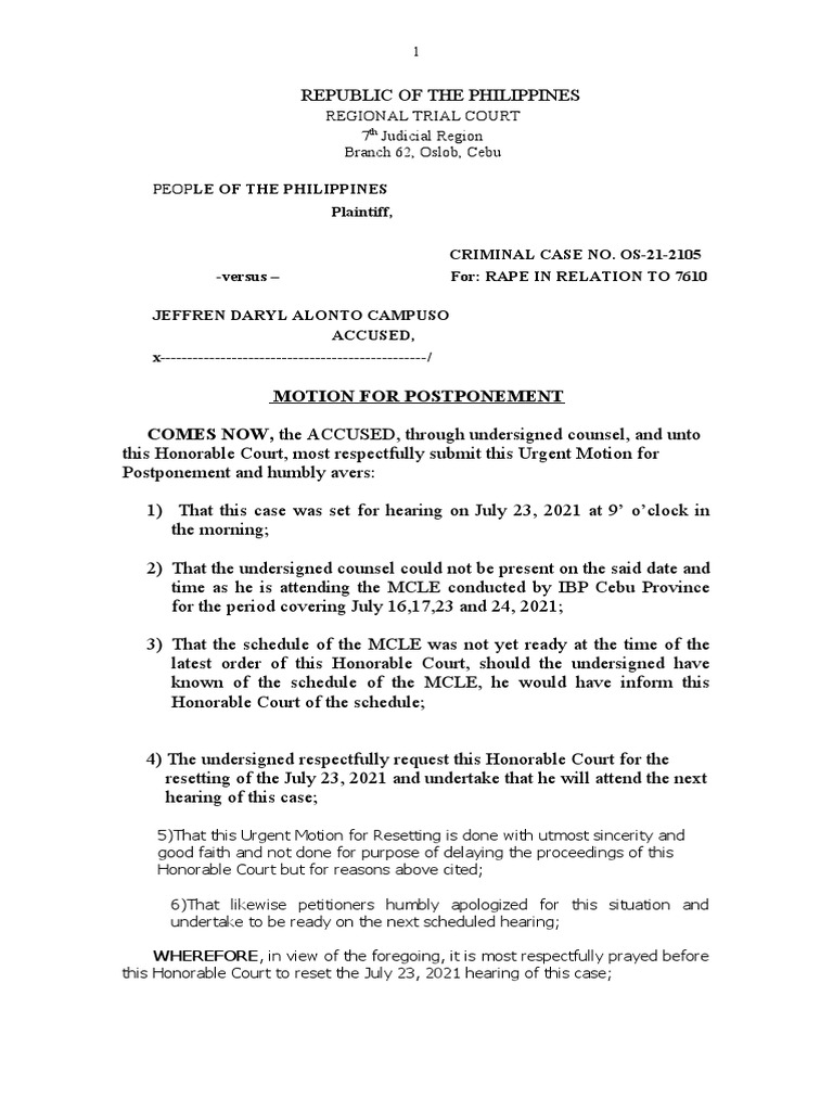 Motion to Postpone Rape Trial in Cebu PDF Government Institutions