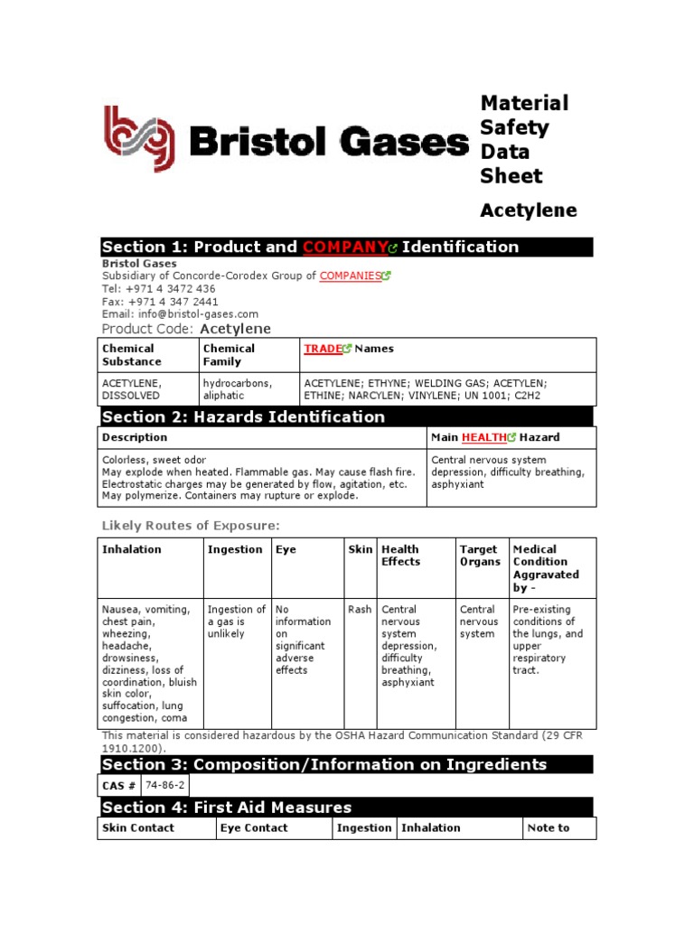 Acetylene MSDSBristol Gases PDF Firefighting Combustion