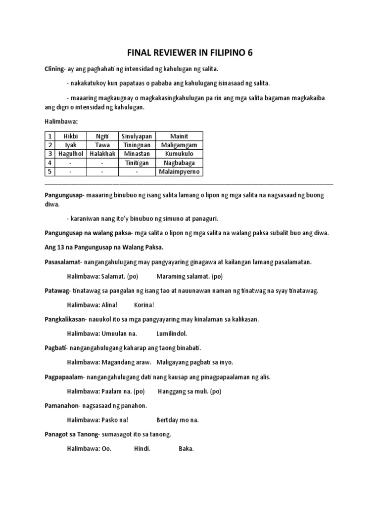 Final Reviewer in Filipino 6 | PDF