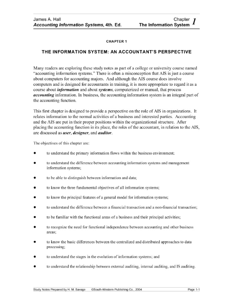 James A. Hall Chapter Accounting Information Systems, 4th. Ed. The ...