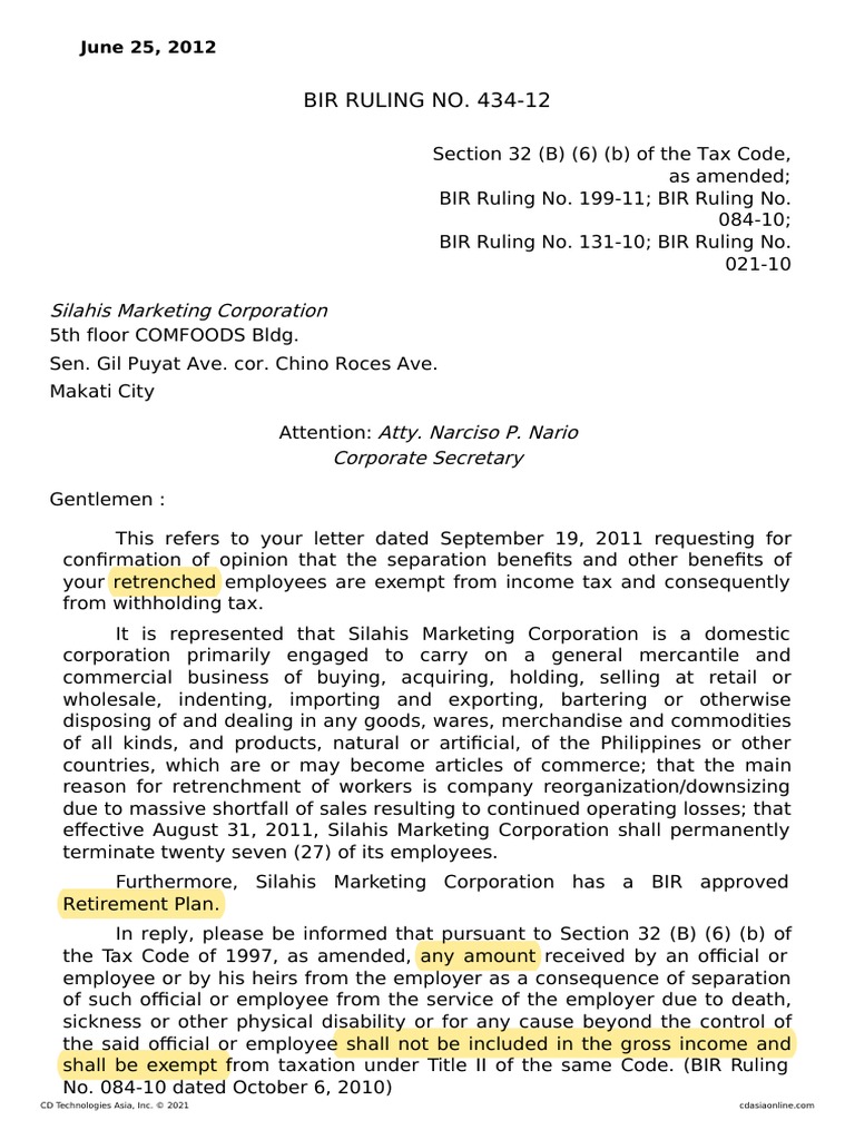Bir ruling no 434 12 pdf taxes employment