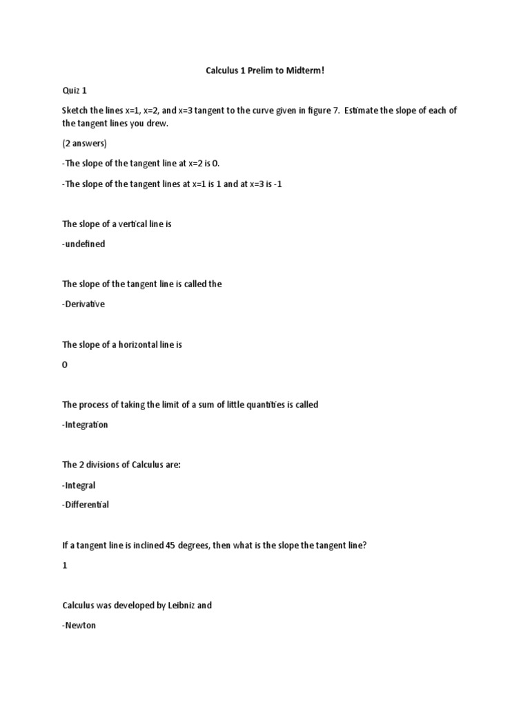 Calculus 1 Quiz Preparation Guide | PDF | Slope | Tangent