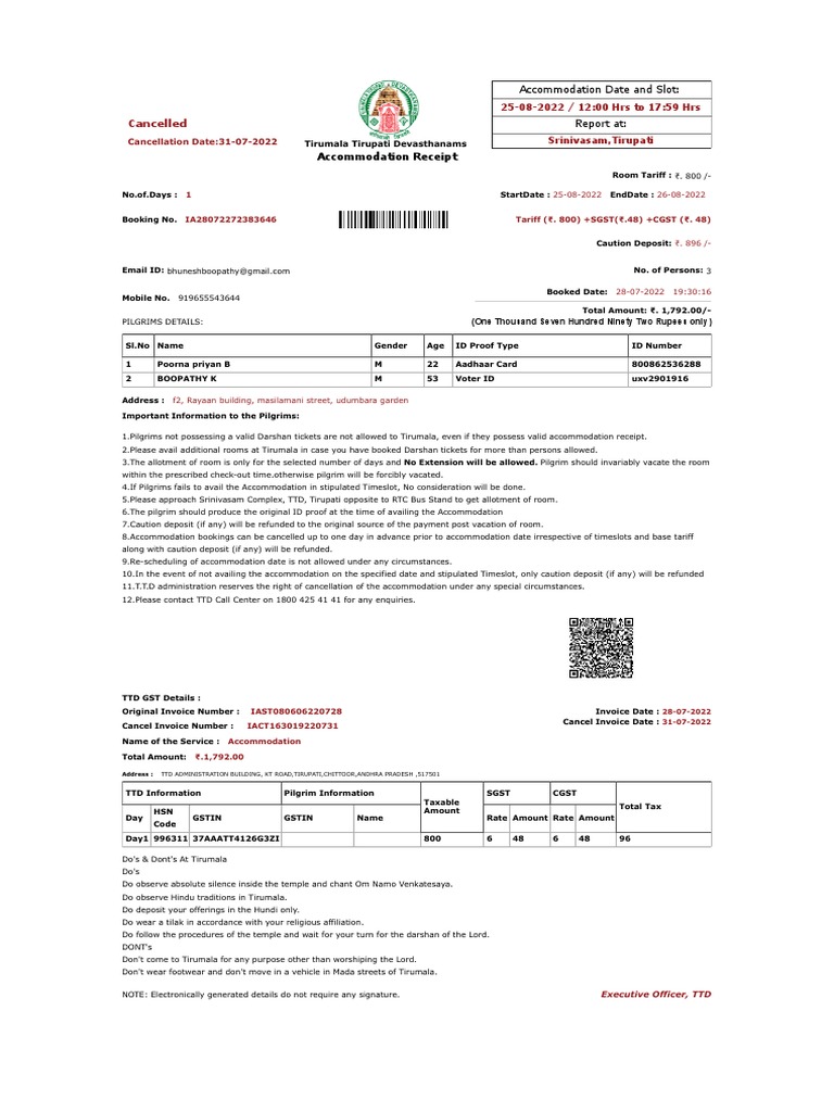 Tirumala Accommodation Cancellation Info | PDF | Payments | Government ...