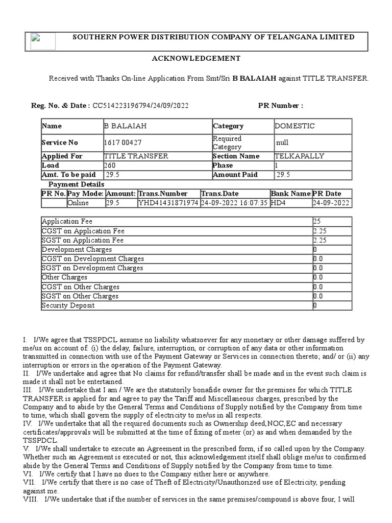 New Connection Registration Acknowledge | PDF | Fee