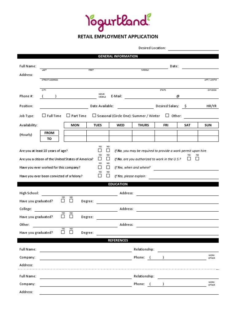 Yogurt Land Employment Application Retail PDF Military Discharge Employment