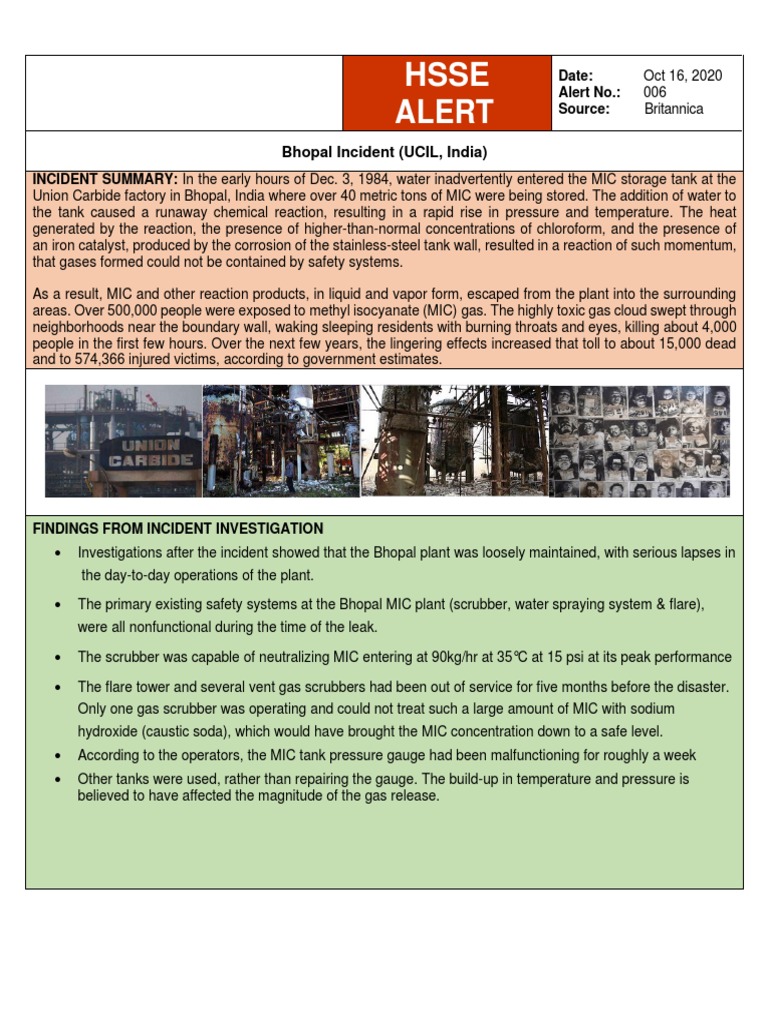 HSSE Alert Bhopal Incident MIC Gas Exposure December 3rd PDF Safety Chemistry