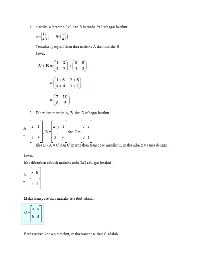 Soal Matriks Ordo 2x2 dan Penyelesaiannya | PDF
