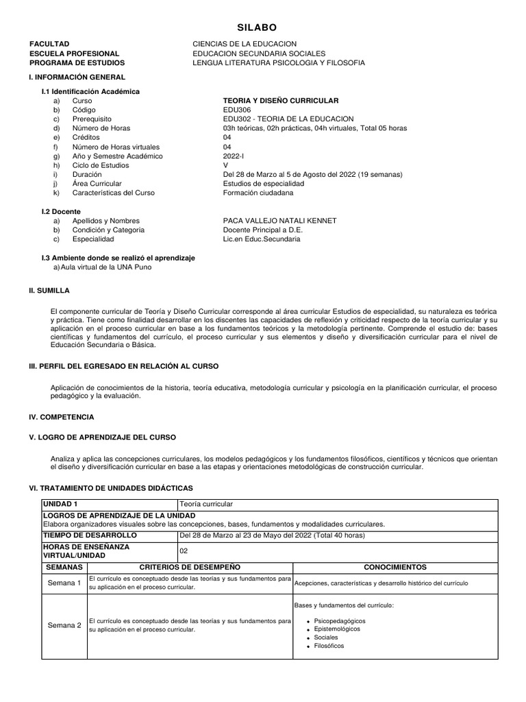 Silabo Teoria y Diseño Curricular | PDF | Plan de estudios | Aprendizaje