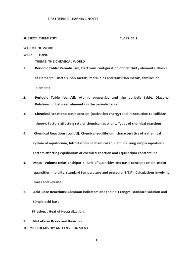 SS2 Chemistry First Term Scheme | PDF | Reaction Rate | Ion