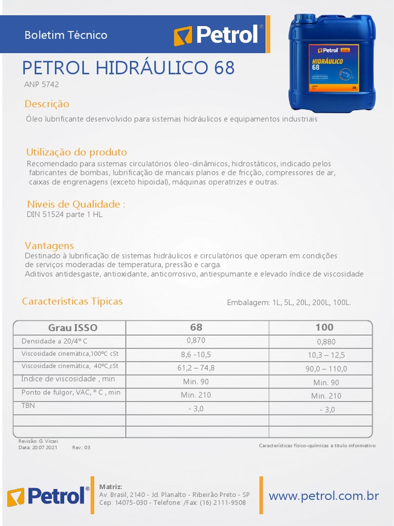 Óleo Hidráulico Petrol 68: Ficha Técnica | PDF