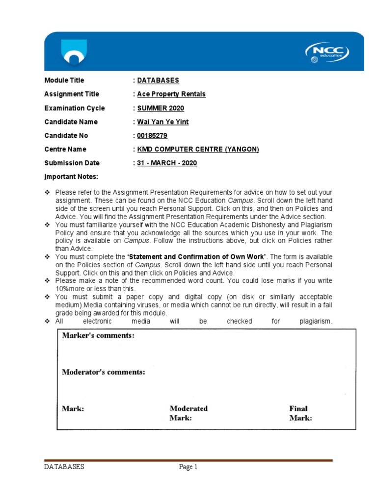 NCC Database ASSIGNMENT Wai Yan Ye Yint 00185279 DBS | PDF | Databases ...
