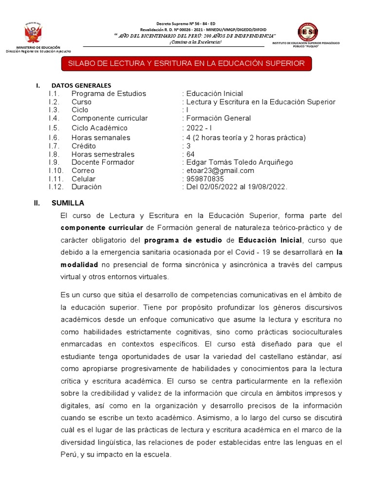 Silabo de Lectura y Escritura en La Educación Superior Inicial I 2021-I ...