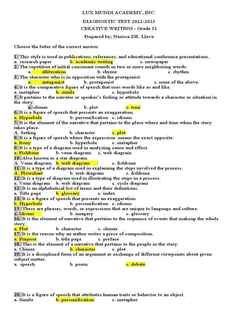 Creative Writing Grade 11 Diagnostic Test PDF Poetry Narrative