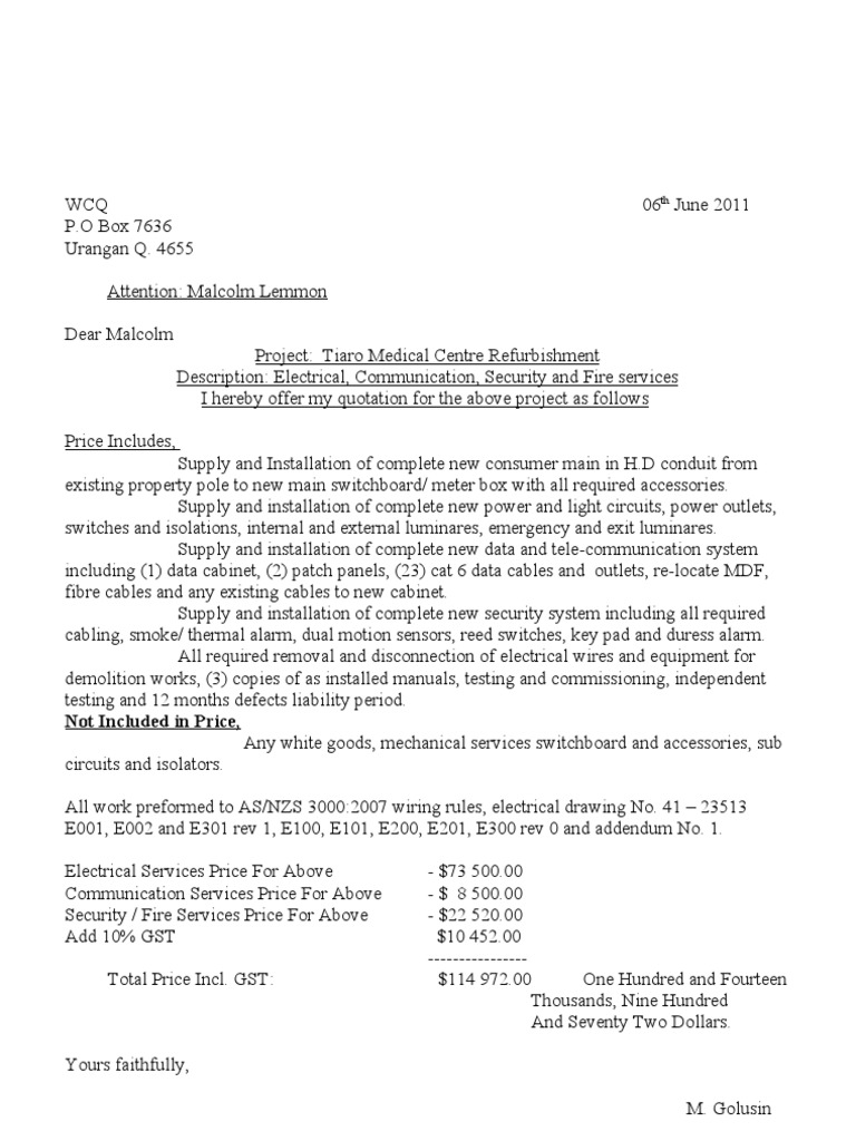 Tiaro Medical Centre Electrical Quotation | PDF | Technology & Engineering