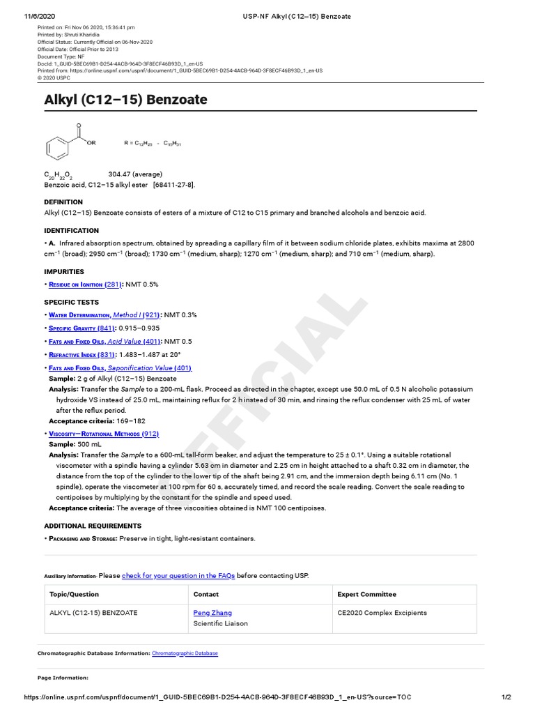 USPNF Alkyl (C1215) Benzoate PDF Ester Chemical Compounds