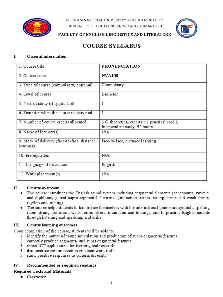 Syllabus Pronunciation NVA108 2021 PDF English Language Lecture