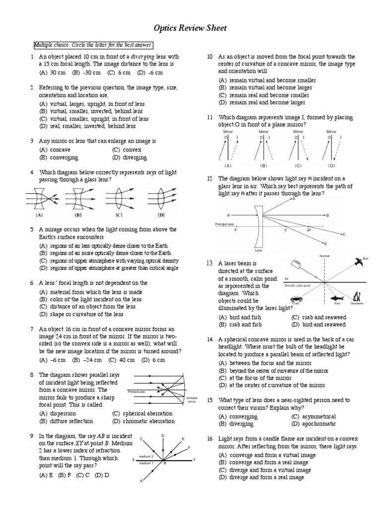 Optics Questions PDF Mirror Optics