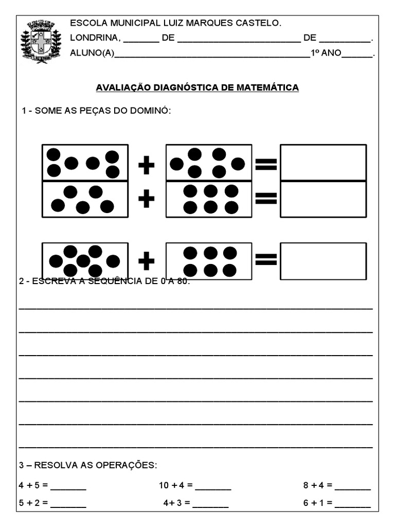 Avaliação Diagnóstica de Matemática 1º Ano | PDF