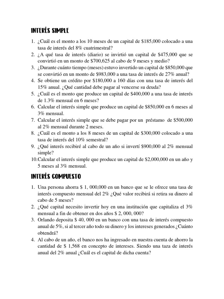 Ejercicios de interés simple y compuesto | PDF | Interés | Interés ...