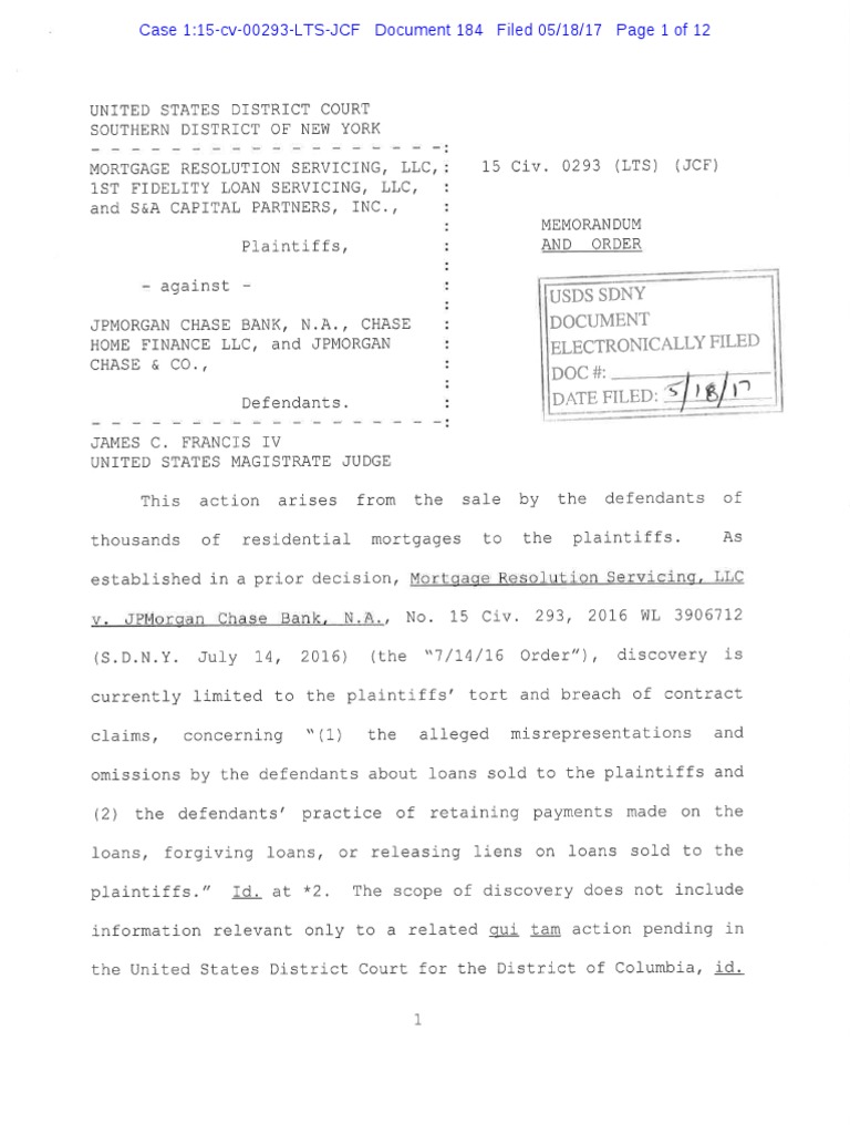 (1500293 184) Memo and Order MTC PDF Chase Bank Discovery (Law)