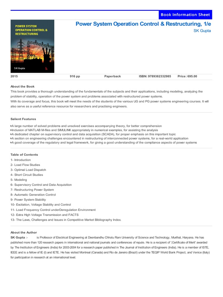 Power System Operation Control & Restructuring, 1/e Book Information