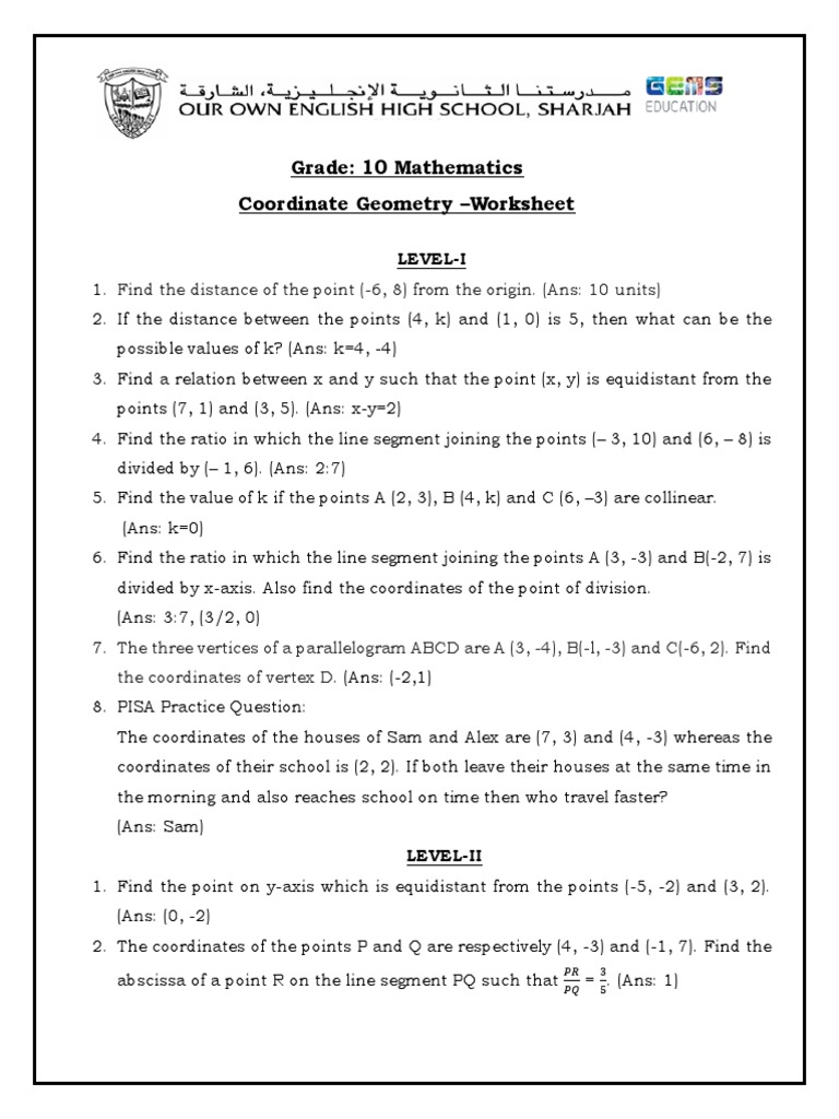 Coordinate Geometry Worksheet for Grade 10 | PDF | Triangle | Area