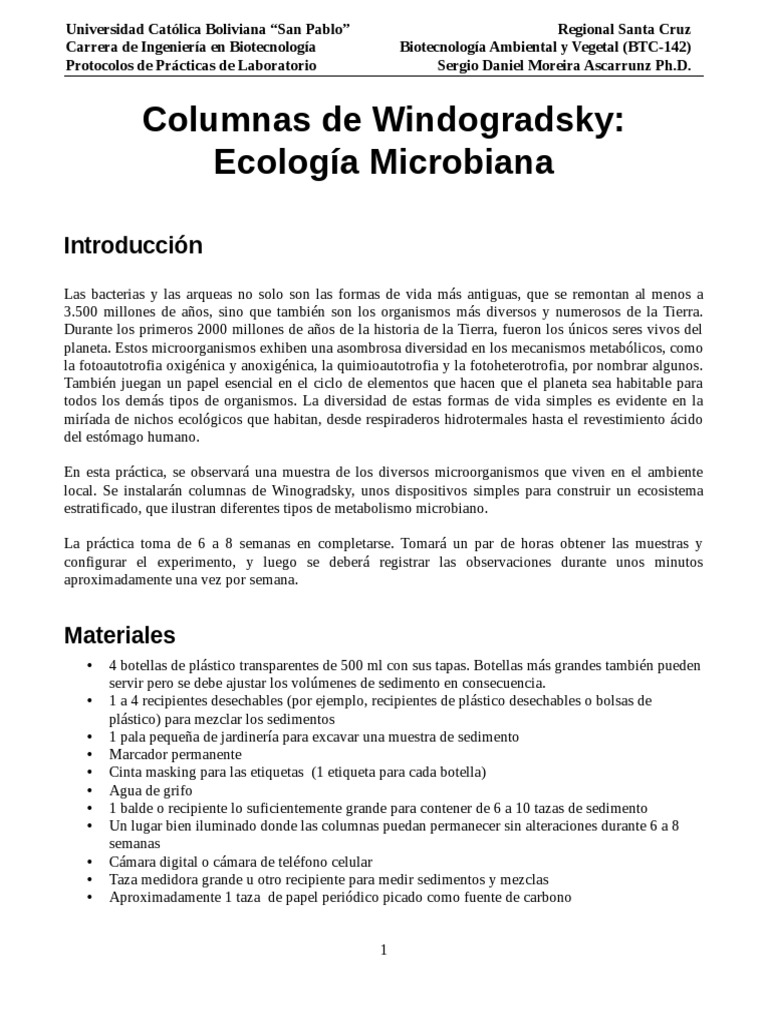 Protocolo Lab 1 Winogradsky PDF Las bacterias