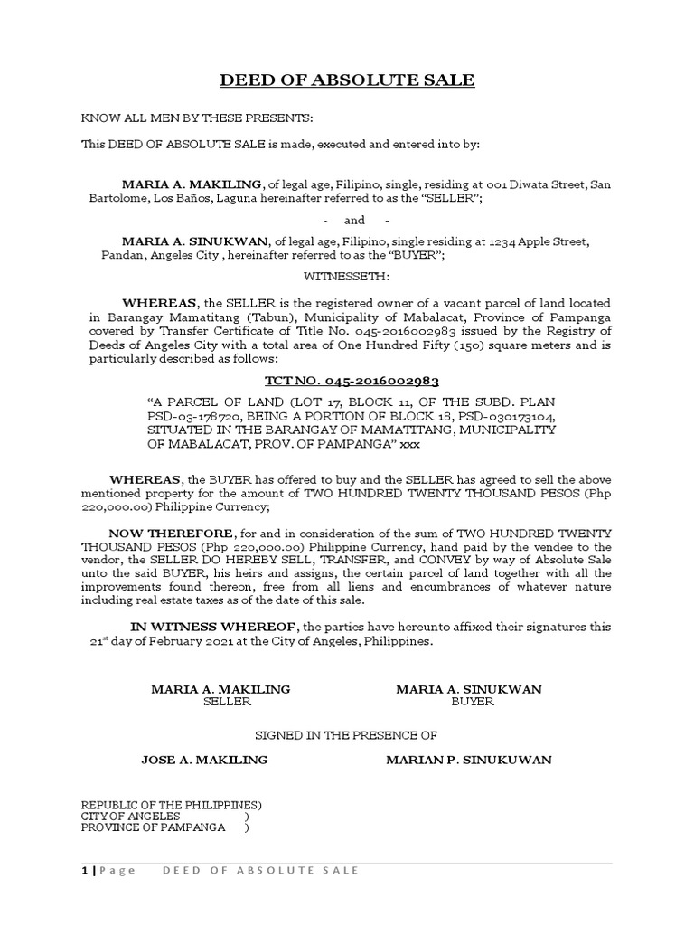 Form 2 Deed of Sale of Parcel of Land PDF Urban Land Law