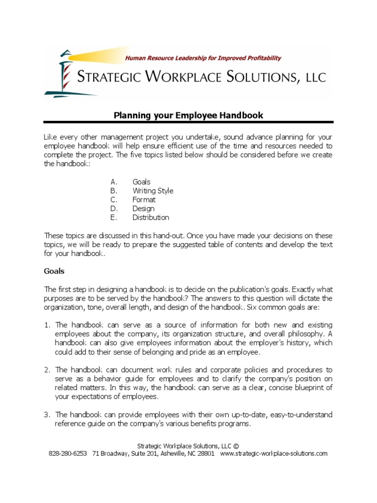 Planning Your Employee Handbook Strategic Workplace Solutions, LLC