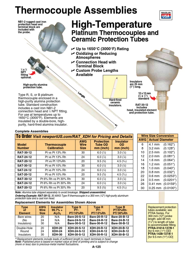 Thermocouple Assemblies HighTemperature Platinum Thermocouples and Ceramic Protection Tubes
