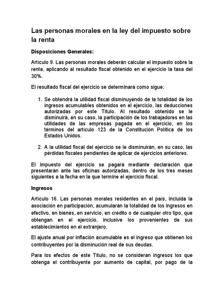 Ley del Impuesto sobre la Renta para Personas Morales | PDF | Impuestos ...