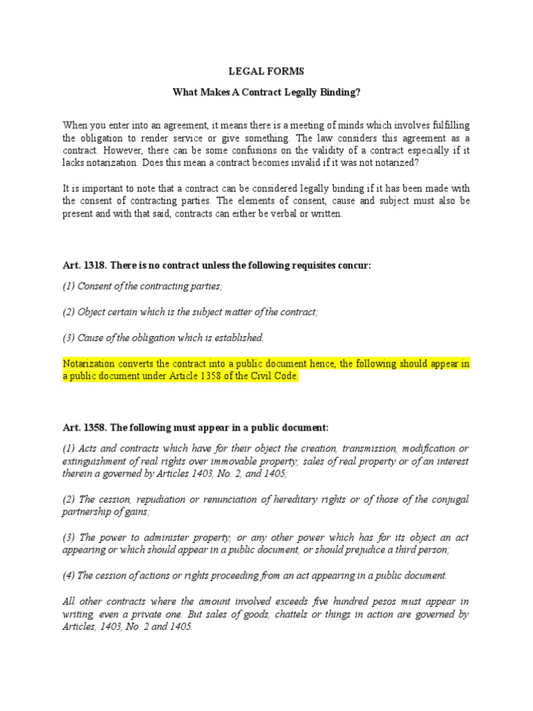 LEGAL FORMS What Makes A Contract Legally Binding PDF Property