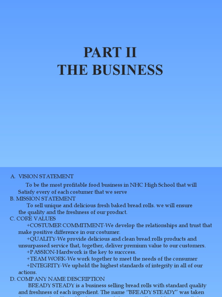 A Vision of Quality and Service The Business Plan of Bready Steady