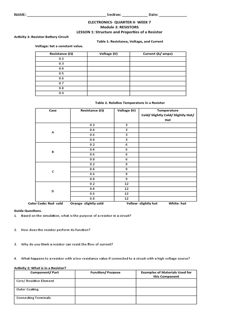 Electronics Q3 Week1 Resistor Answer Sheet Pdf Resistor