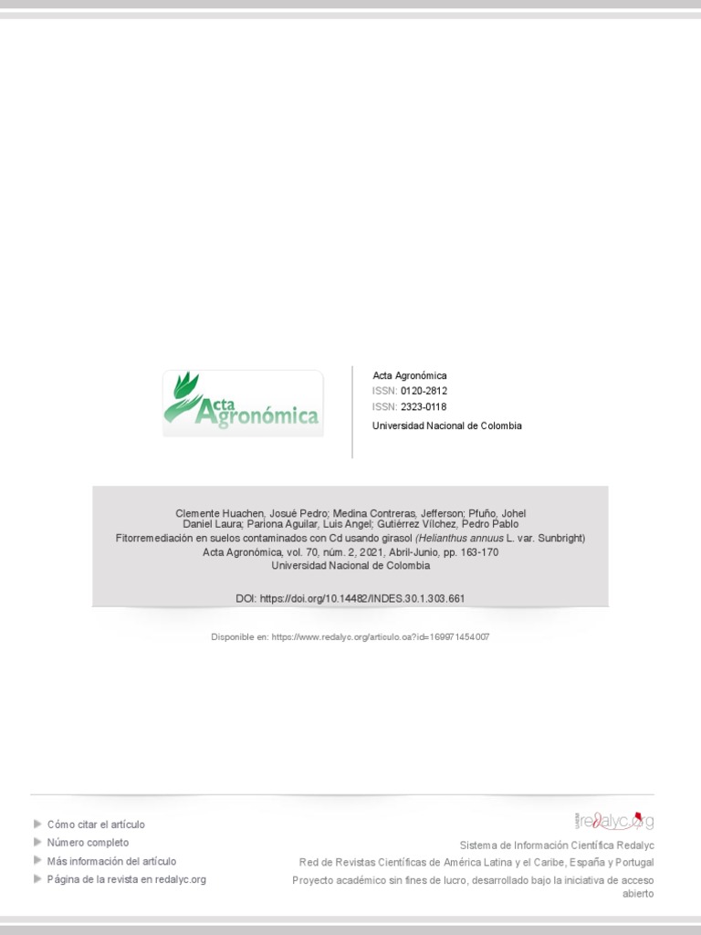 Fitorremediación De Cd En Suelos Con Girasol Pdf Aluminio Química