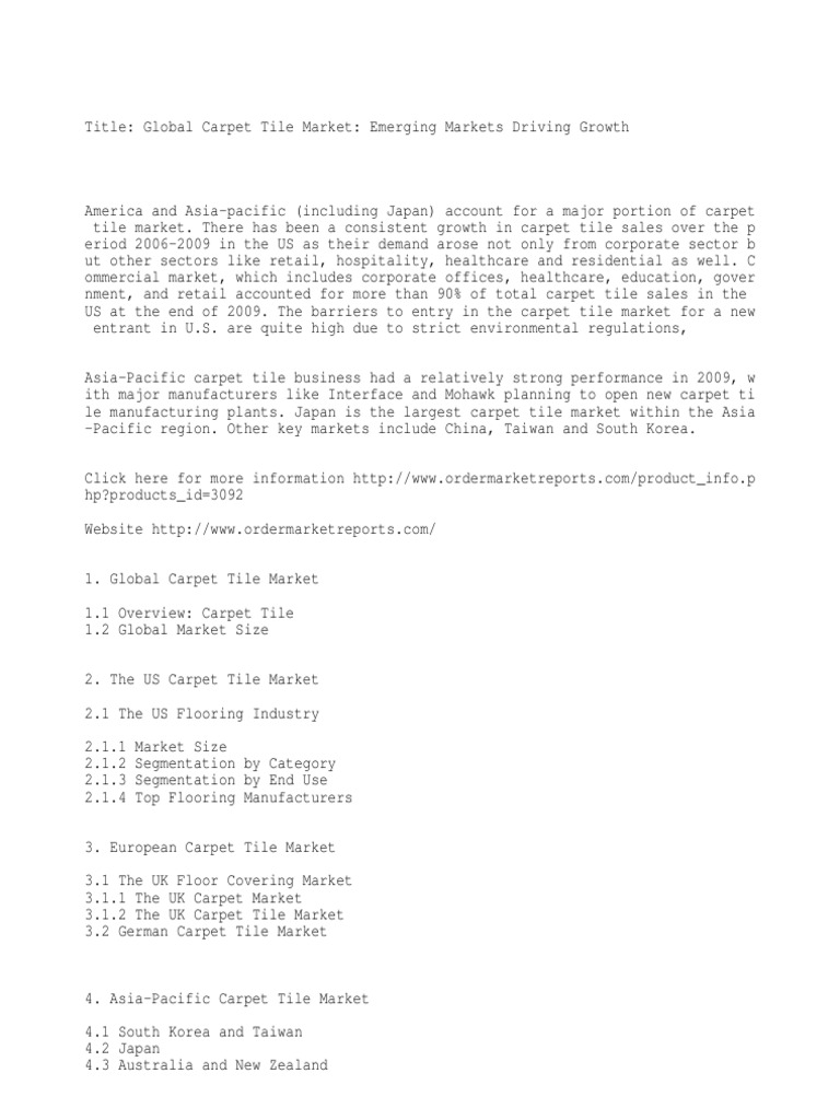 Global Carpet Tile Market Now Available Through PDF Carpet