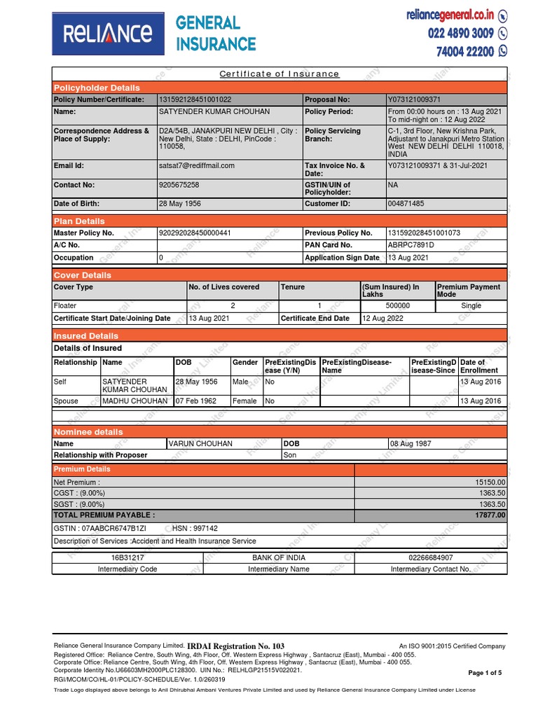 Policyholder Details Certificate of Insurance PDF Insurance
